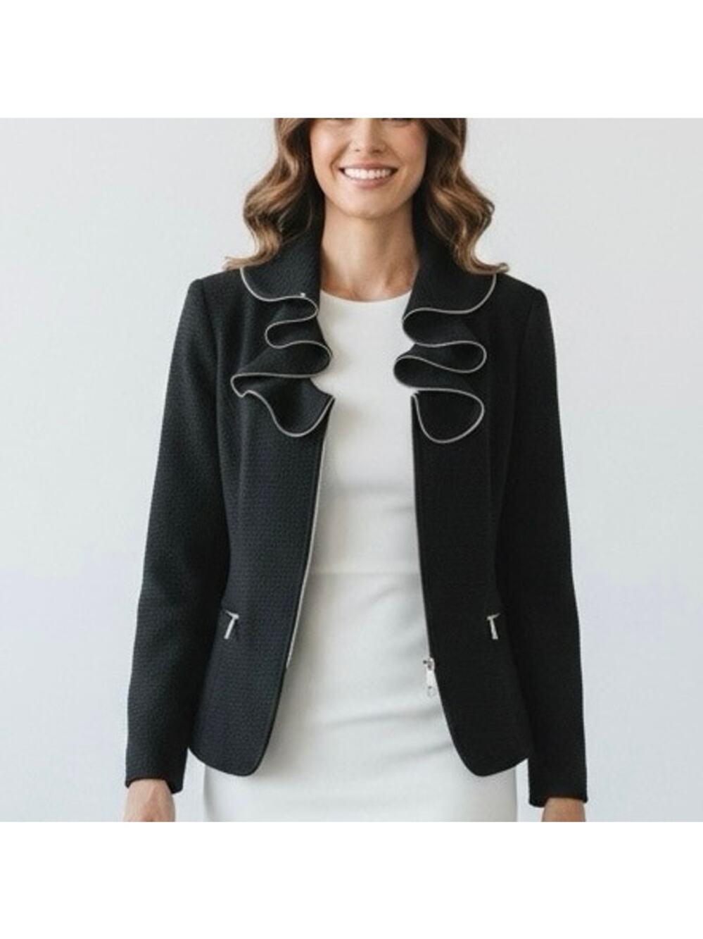 Lafayette 148 Blazer Black ruffle collar Silver tone zipper trim size 12